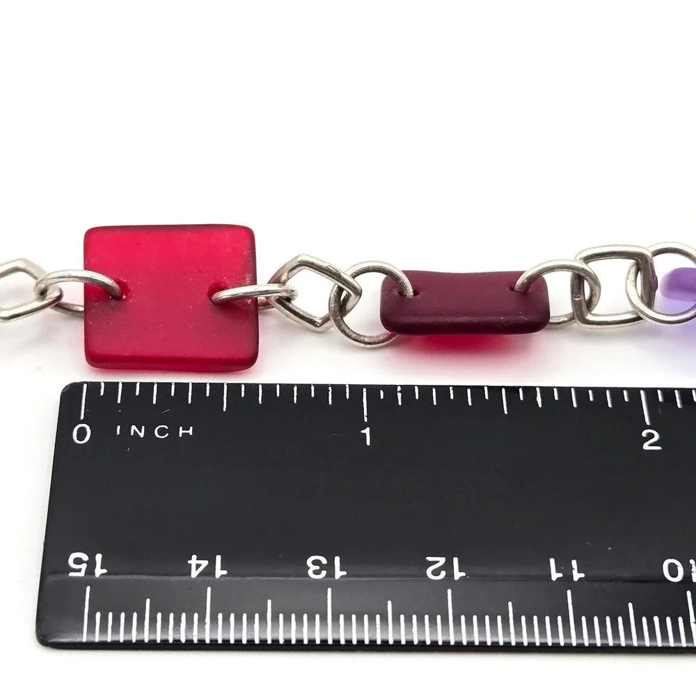Sterling Silver 925 Frosted Sea‎ Glass Multi Color Rectangle Link Bracelet
